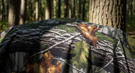 Detailed camouflage pattern with foliage and forest backdrop bringing outdoor concealment