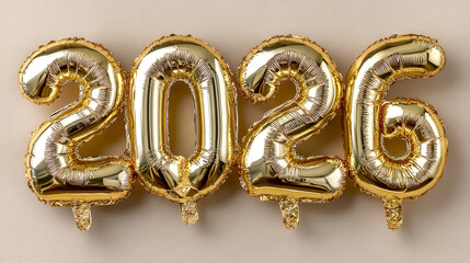 Golden balloons forming number 2026 celebrating new year event with festive holiday atmosphere