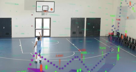 Male basketball player dribbling past cones, shooting while overlays tracking motion for training - Powered by Adobe