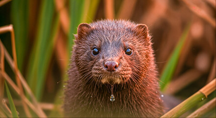 Otter catches fish in a river with splashes of water among trees at sunset