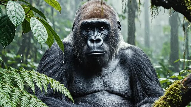 A solemn silverback gorilla rests in a misty rainforest, framed by lush green leaves vines overhead