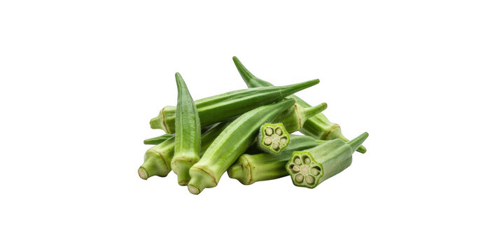 Pile of fresh green okra pods with one sliced in half revealing seeds isolated on a transparent background
