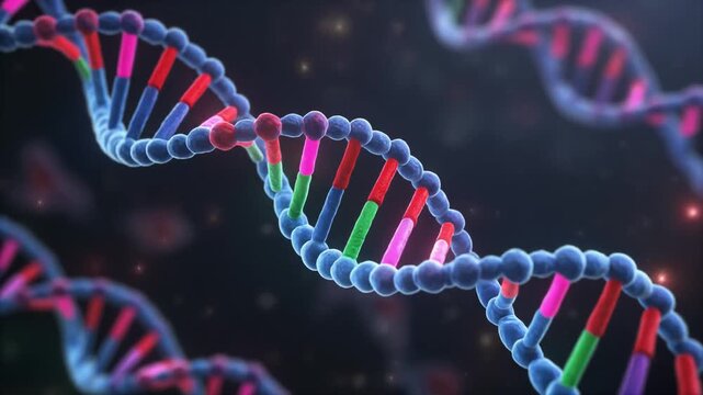 Animated 3 D helix structure of D N A molecule rotating in dark space with glowing particles science biology video.