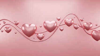 Pink metallic hearts on wavy pink background shiny