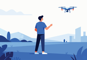 Obraz premium A person in a blue shirt and dark pants operates a drone, in a blue-toned landscape