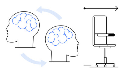 Idea sharing, cognitive processes, workplace innovation, mental focus, collaborative efforts, productivity enhancement. Two human head profiles with brain outlines and arrows, alongside an office
