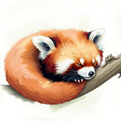 Serene Red Panda Sleeping Curled Up on a Tree Branch, Detailed Digital Painting.