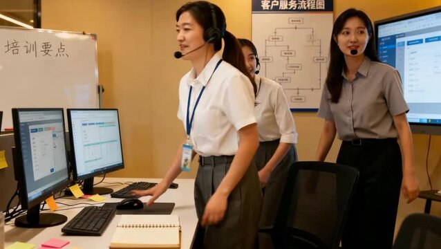 Call center, managers and telemarketing team on computers doing software training, customer service and CRM in the office at night. Male, female and sales mentor on desktop helping intern with technic