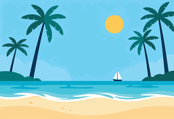 Fototapeta premium A cartoon beach scene with palm trees, the sun, ocean, sand, and a sailboat