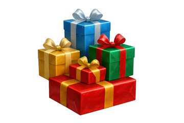 Obraz premium Stack of colorful gift boxes with ribbons and bows on transparent background, symbolizing celebration and surprise