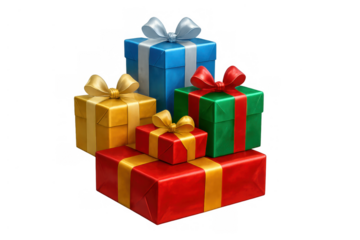 Stack of colorful gift boxes with ribbons and bows on transparent background, symbolizing celebration and surprise