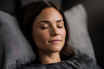 Calm sleep woman bedroom pillow night peaceful rest soft light dark tone soothe