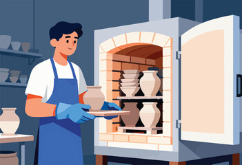 A craftsman in blue apron places pottery in a kiln, filled with ceramics. Shelves and opened door are visible