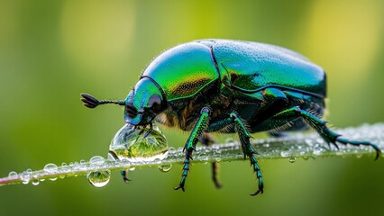 Naklejka premium Macro shot of a vibrant green beetle on a dew-covered blade of grass.