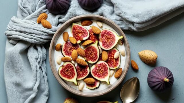 Fresh figs and almonds artfully arranged in yogurt for a vibrant, healthy breakfast 4k high quality footage