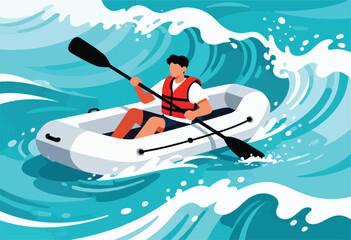 A person in a life vest paddles a raft through churning water with stylized waves