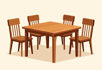 An illustration depicting a square wooden table surrounded by four wooden chairs, all set against a neutral backdrop