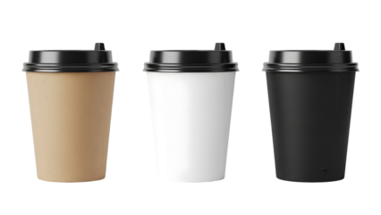 Three realistic disposable coffee cups in varying colors isolated