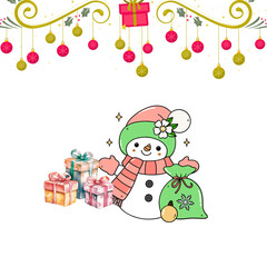 PNG  image of Cute watercolor style snowman character with wrapped presents and festive holiday decorations hanging above on transparent background