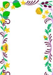 PNG  image of Vibrant citrus and floral border design featuring bright green limes yellow blossoms and deep purple decorative swirls on transparent background with copy space