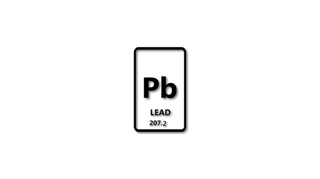 lead as Element 82 of the Periodic Table. Design shows name, atomic weight and element number. black background 4k animation