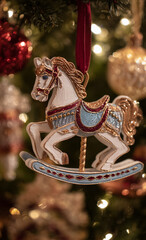 Rocking horse christmas ornament: moments that matter. Christmas tree ornament with silver glitter and gold, a white rocking horse on a wooden board with a red velvet ribbon hanging from the top