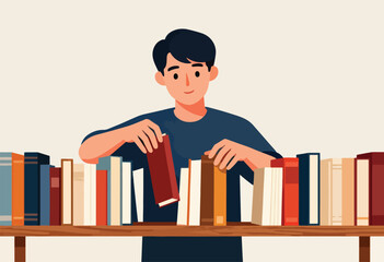 A young man is placing a red book onto a wooden bookshelf filled with books, illustration style