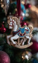 Rocking horse christmas ornament: moments that matter. Christmas tree ornament with silver glitter and gold, a white rocking horse on a wooden board with a red velvet ribbon hanging from the top