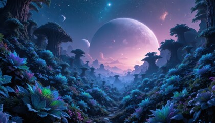 Bioluminescent Exotic Flowers Valley Giant Planets Cosmic Fantasy View