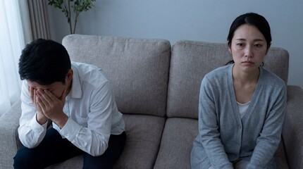 Sad Asian couple sitting apart on sofa after argument with man hiding face in hands and woman looking unhappy and disconnected in living room