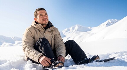 Male snowboarder sitting in the fresh snow on a sunny mountain peak, adjusting his binding before riding.
