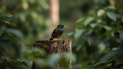 Small black bird with yellow beak perched on a tree stump in a lush green forest.
