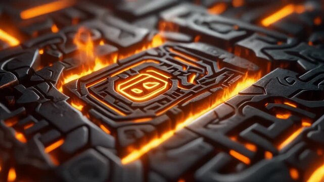 Ancient metallic plates engraved with glowing tribal fire ritual circuit patterns in cinematic macro detail.