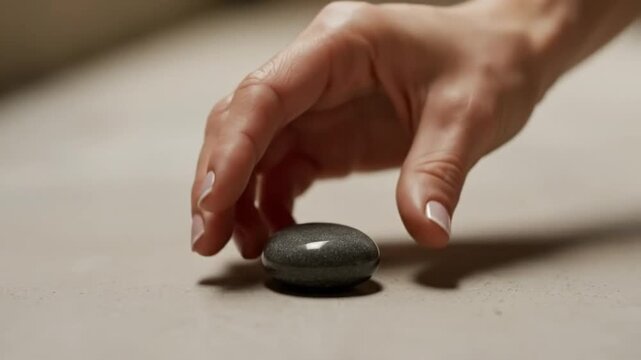 Luxury Beauty: Detailed Close-up of Hand Setting Down Smooth Shimmering Worry Stone - Relaxation Concept