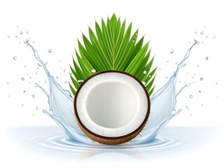 Coconut with Leaf in Tropical Water Splash