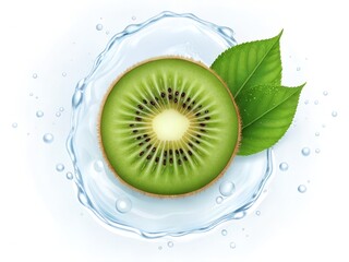 Kiwi with Leaf Surrounded by Water Splash Arc