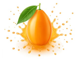 Papaya with Leaf in Orange Juice Splash Motion