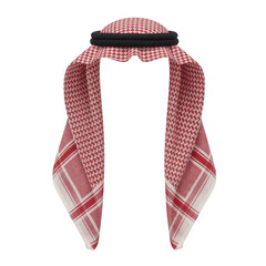 Red and white checkered keffiyeh headscarf with black agal band isolated on a transparent background