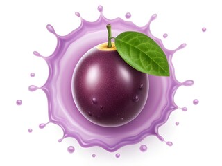 Passionfruit with Leaf in Purple Juice Splash