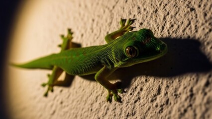 Fototapeta premium Vibrant Green Gecko Clinging to a Textured Wall at Night.