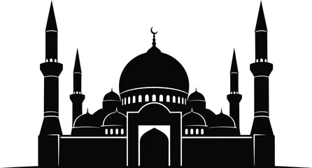 Detailed silhouette of a classic mosque with minarets and central dome © mdtaher