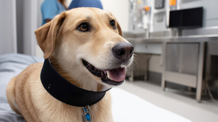 Smiling young veterinarian in blue coat holding dog providing compassionate care in modern veterinary clinic smiling at camera. Injury recovery, healthcare concept, pet treatment and prevention