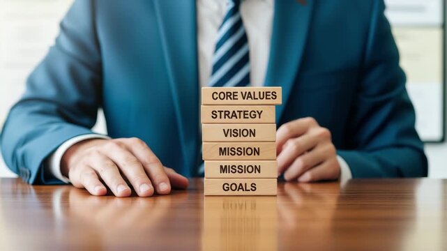 Businessman stacking wooden blocks representing core values, strategy, vision, mission, and goals for business success. 4k high quality footage