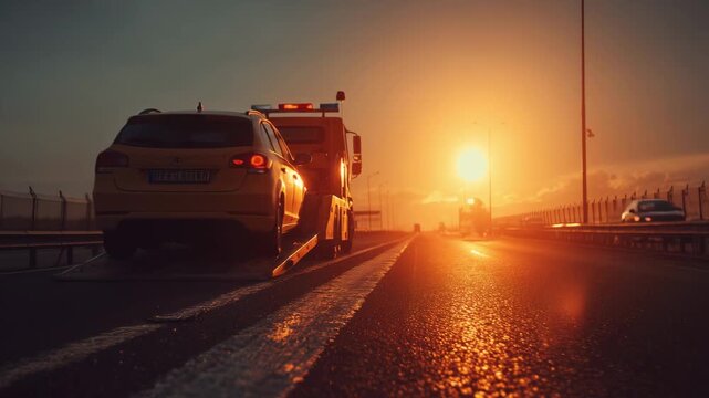A tow truck moves a car away from the side of a highway under a vibrant sunset