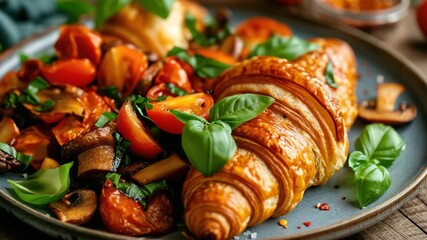 A mouthwatering dish of bread filled with succulent vegetables on a rustic wooden table.