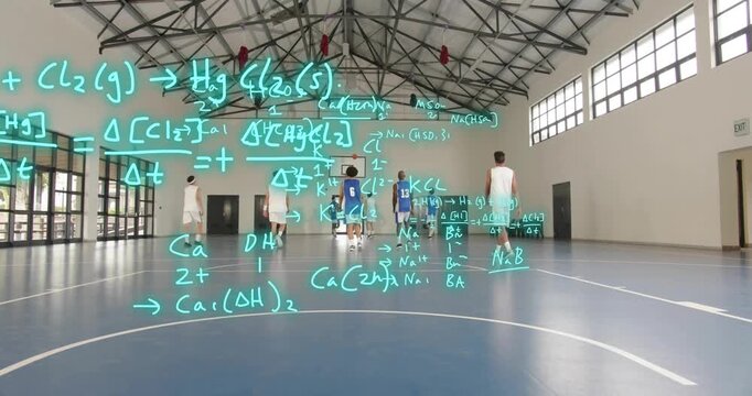Male basketball players scrimmaging, left player dribbling sparking cyan formula overlay over court