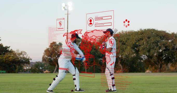 Two cricketers training on field left player adjusting gloves then swinging as red overlay pulsing