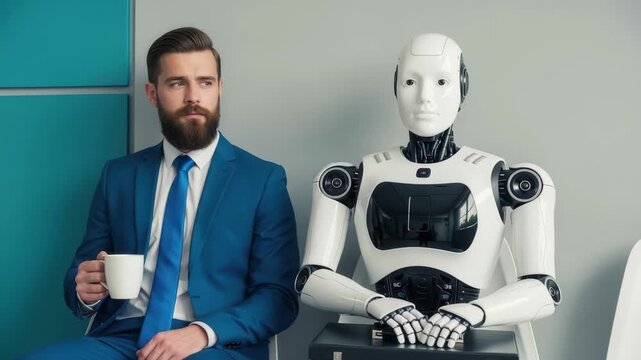 Confident businessman in blue suit waits with coffee next to advanced humanoid robot in modern office 4k high quality footage