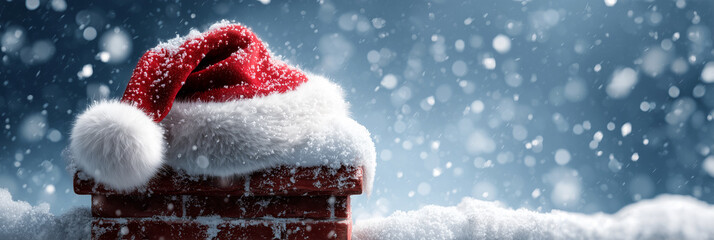A hyper-realistic, humorous Christmas Scene with a Santa Hat on Snow-Covered Brick Chimney While it Snows for Festive Winter Holiday and Christmas Greeting Cards. Generative Ai.