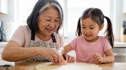 Happy Asian grandmother helping her young granddaughter bake Easter cookies in a bright kitchen, teaching her to use a cookie cutter.